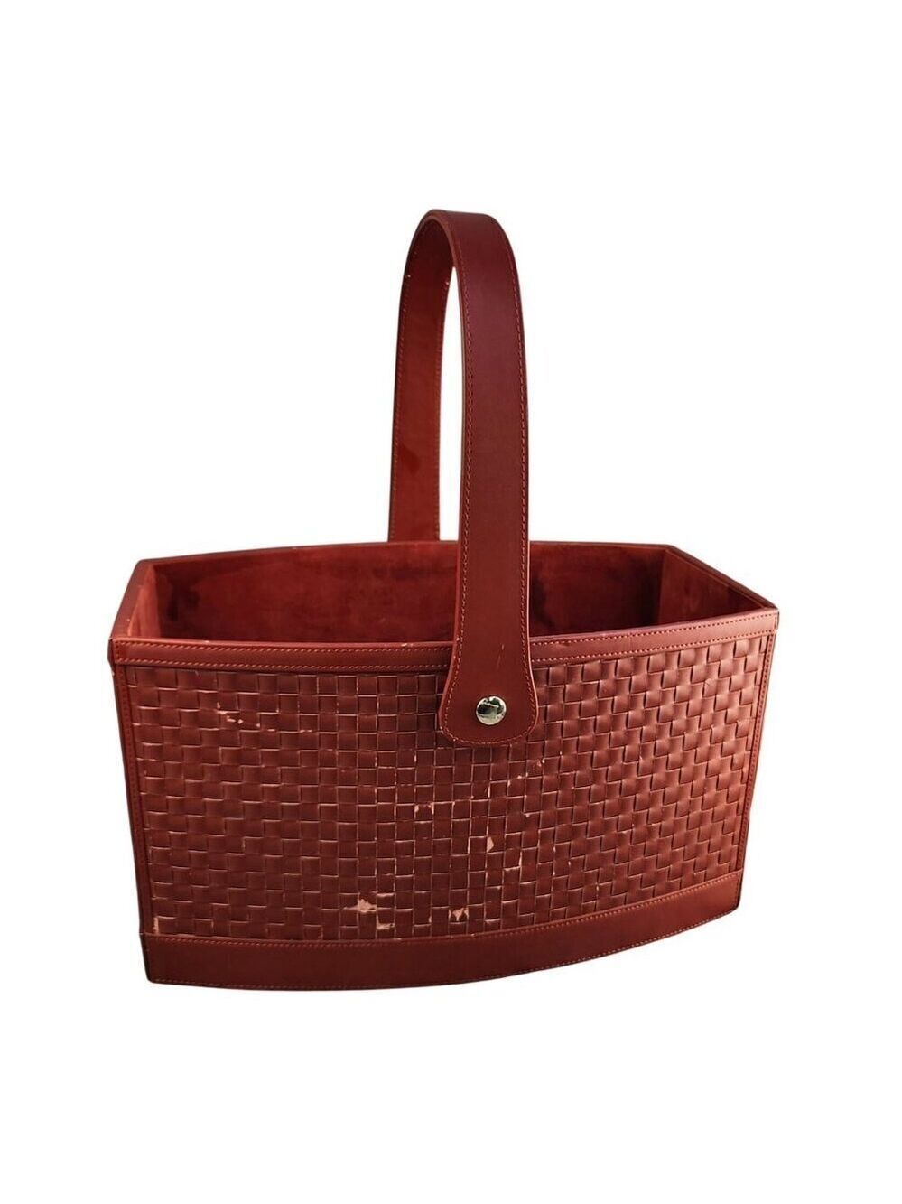 Woven Faux Leather and Wood Basket With Handle - Rectangular Design Deep Red Col